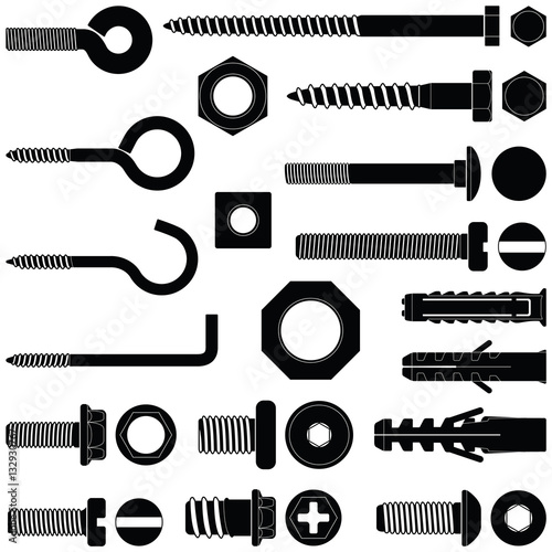 Wall hooks / bolts / nuts and wall plugs collection - vector silhouette 