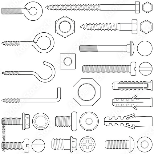 Wall hooks / bolts / nuts and wall plugs collection - vector illustration