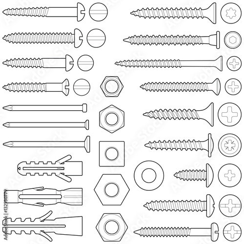 Screws / nuts / nails and wall plugs collection - vector line illustration photo