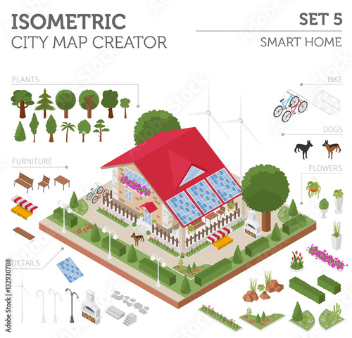 Flat 3d isometric smart home and city map constructor elements s