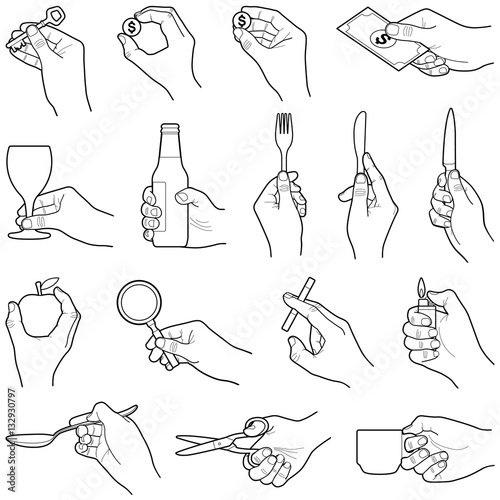 Hands with objects collection - vector line illustration 