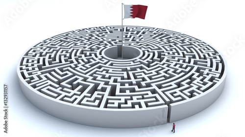 3D illustration of maze with a flag from Bahrain at the center with a man trying to reach it