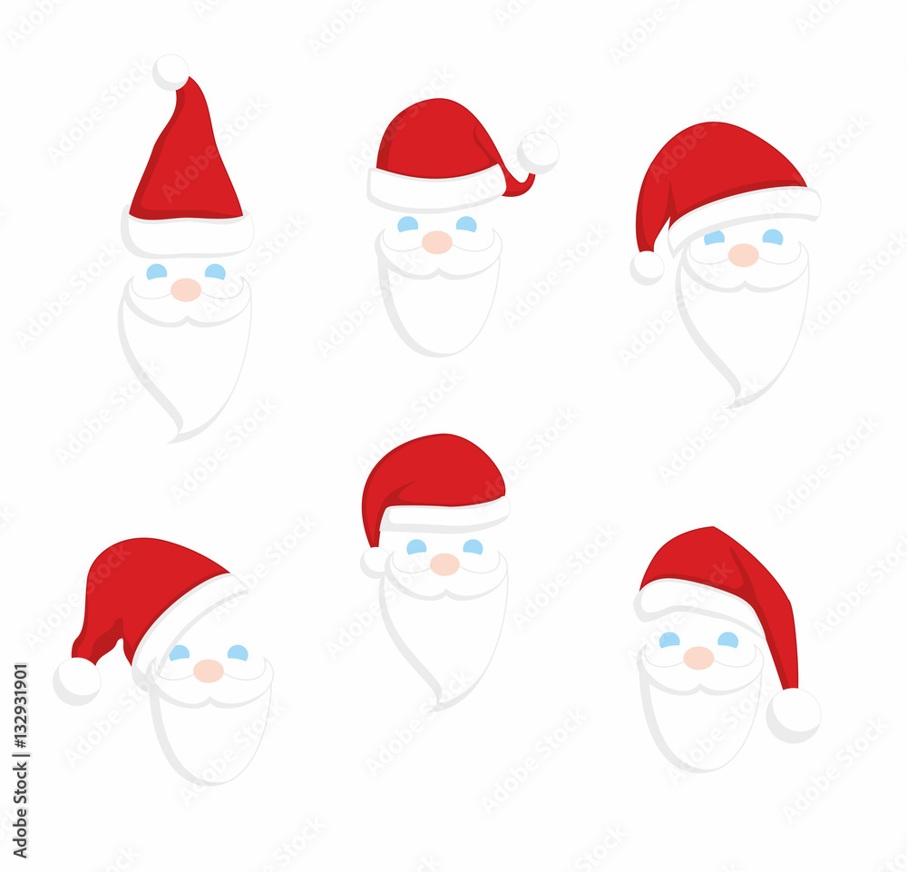 Set of Santa Claus faces. Christmas clothes holiday elements on blue background Set of Santa Claus faces. Christmas clothes holiday elements on blue background