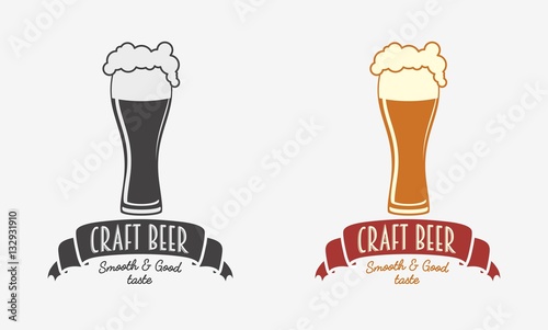 Vintage retro badge, logo or symbol design template for craft beer house, bar, pub, brewing company, brewery or tavern with glass. Color and monochrome vector illustration