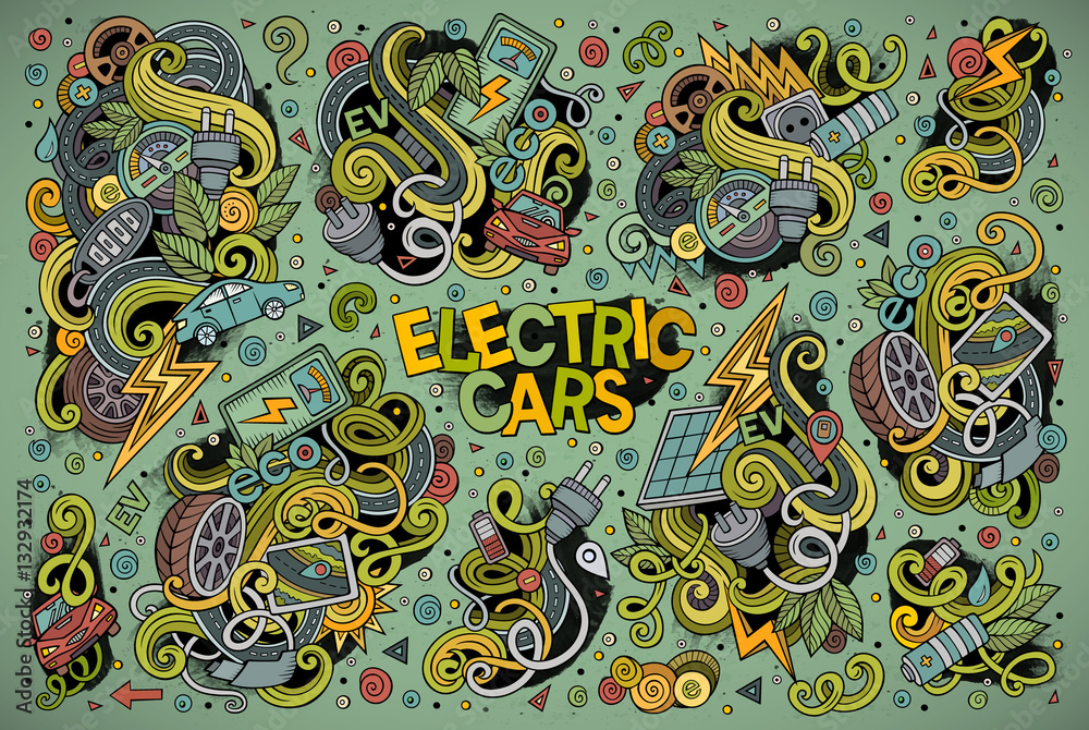 Colorful vector doodle cartoon set of Electric cars objects