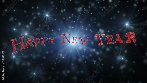 Happy New Year Text On Black  Background Full of Snow, Stars and Lights 3D Rendering
