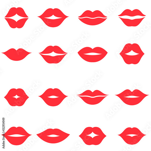 Set of red women s lips icons isolated on white