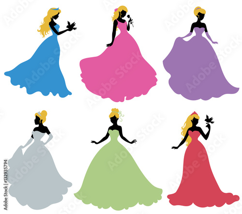 Set of silhouettes of princess. Isolated on white. 