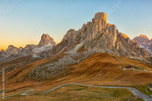Mountain Passo Giau in the Dolomite Alps at sunrise