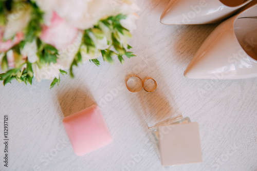 Wedding accessories. Bouquet and accessories of bride. Wedding details