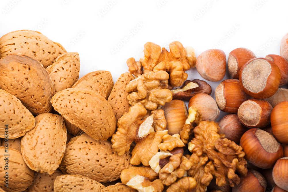 Nut mix. Almonds, walnuts, hazelnuts  on white background