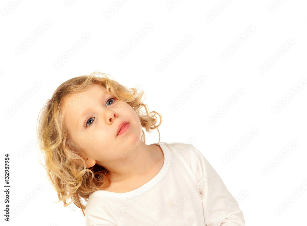 Portrait of playful small kid with long blond hair Portrait of playful small kid with long blond hair