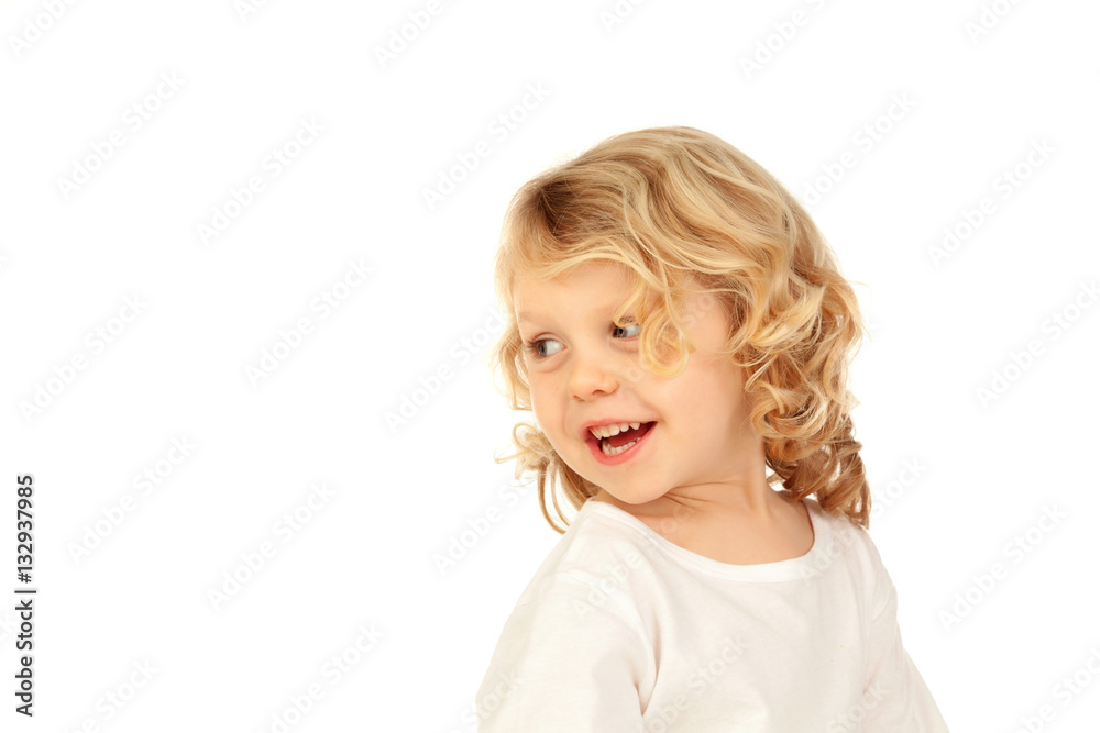 Portrait of playful small kid with long blond hair looking back Portrait of playful small kid with long blond hair looking back