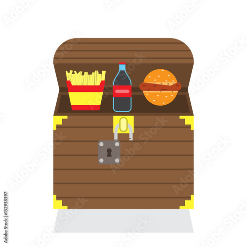 chest with fast food, French fries, Coca, cheeseburger,hamburger