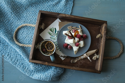 Tray for a romantic breakfast from a tree with herbal tea and a