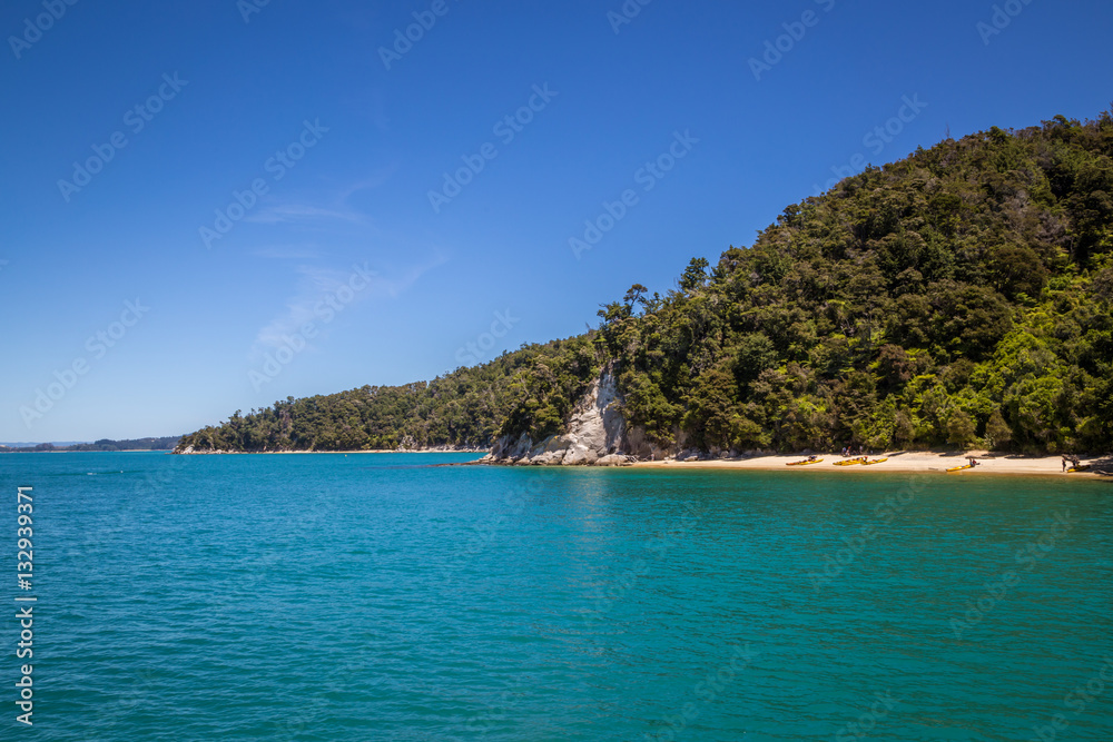 Beautiful landscape with blue turquoise ocean and clear sky in Abel Tasman National Park, New Zealand