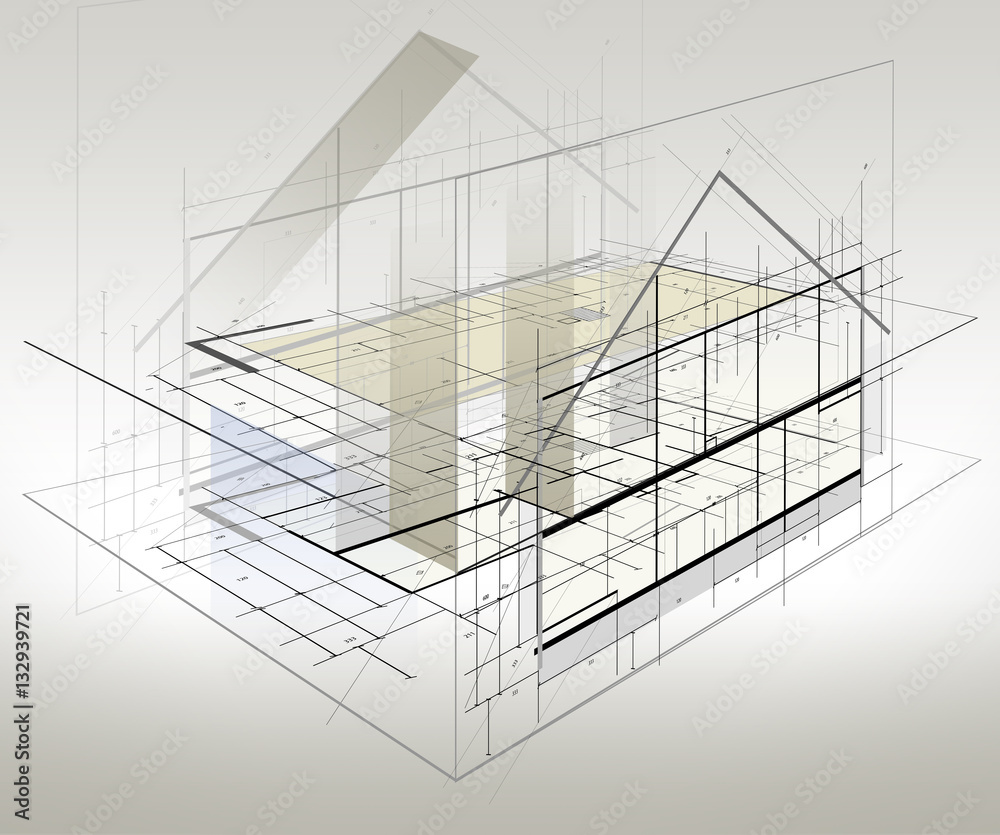 Projekt - szkic - domu jednorodzinnego.  Wizualizacja projektu w perpektywie - obrazy, fototapety, plakaty 