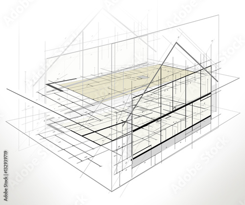 Projekt - szkic - domu jednorodzinnego.  Wizualizacja projektu w perpektywie photo