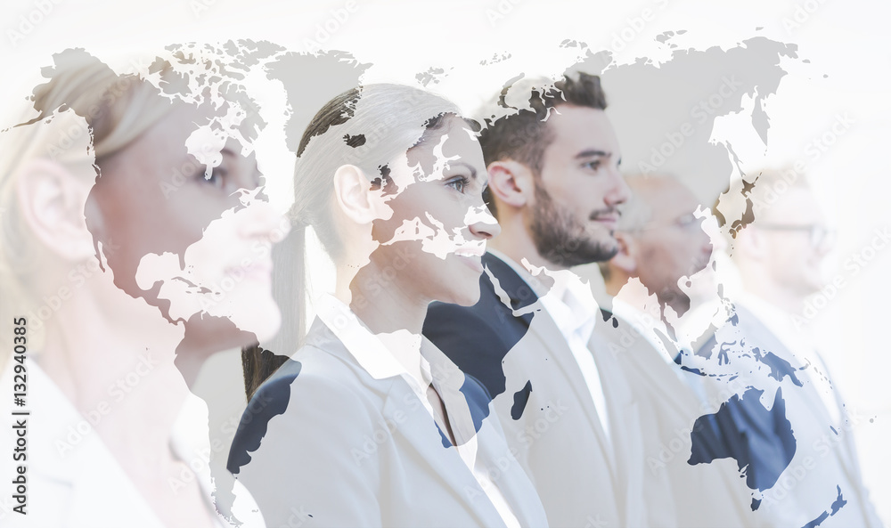 Business team with world map, double exposure Business team with world map, double exposure