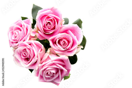 Bouquet of pink roses isolated on white background. For Valentines day or wedding. Space for text. 
