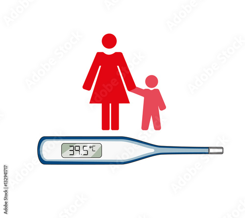 Vector image of a medical thermometer with a mother and child 