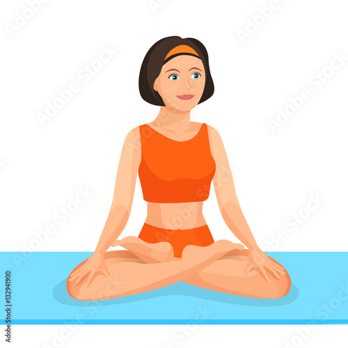 Young girl sitting in lotus posture practices yoga. Vector illustration