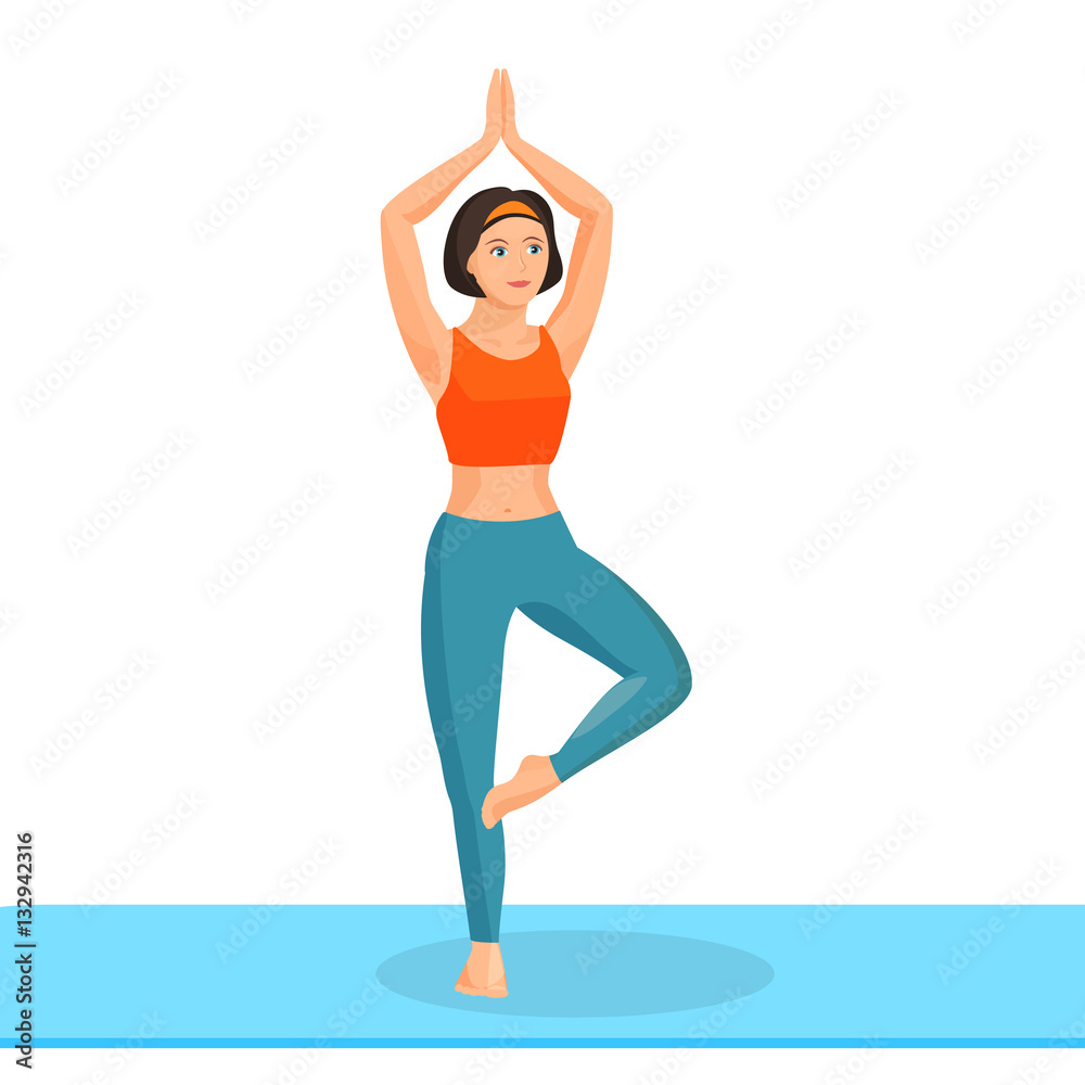 Girl practising yoga exercise stands on leg and takes hands above head Girl practising yoga exercise stands on leg and takes hands above head