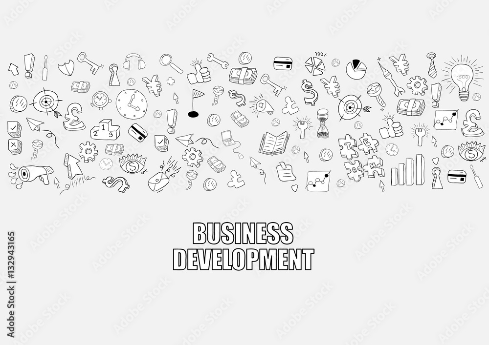 Business development doodles objects background, drawing by hand