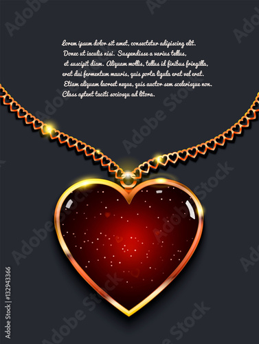 Heart on golden chain with light, design jewellery. Valentine's day vector background