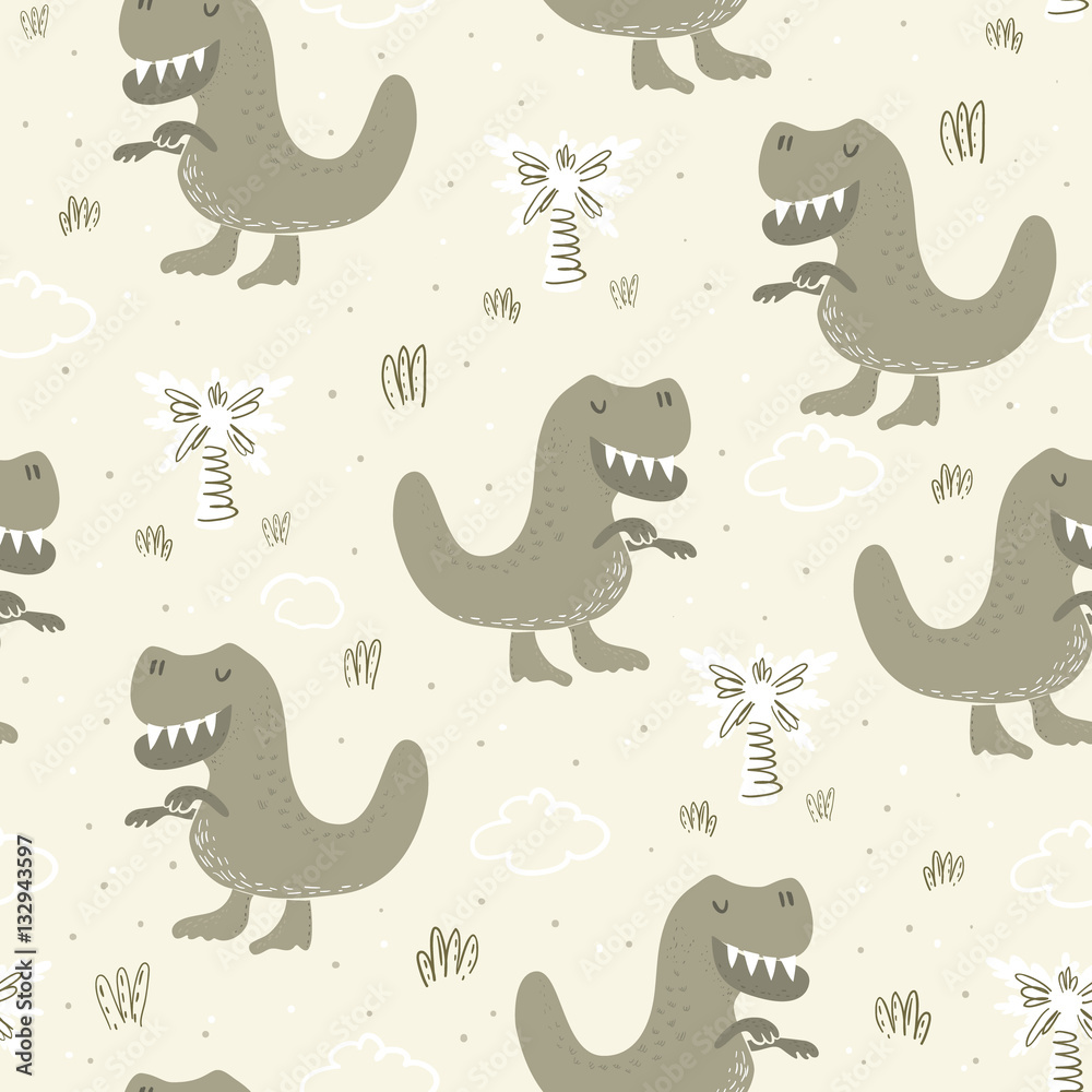 Cute seamless pattern with funny dinosaurs. vector illustration.