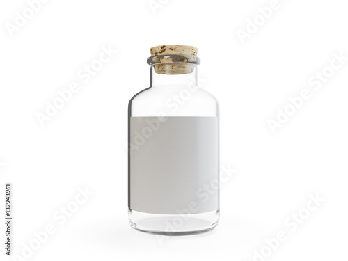 Glass bottle with label on white background