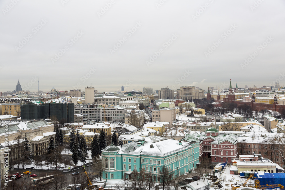 MOSCOW, RUSSIA - JANUARY 10, 2017: View of the capital city in the winter from the roof of the Cathedral of Christ the Savior