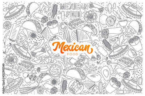 Mexican food doodle set with orange lettering