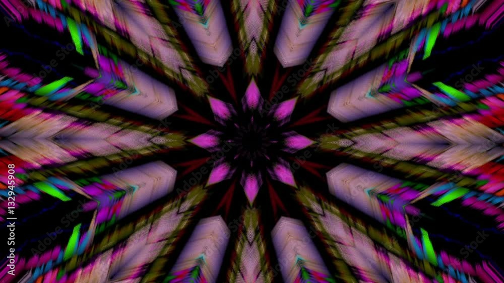 Fondo Fractal caleidoscopico de formas de estrella de colores sobre fondo negro
