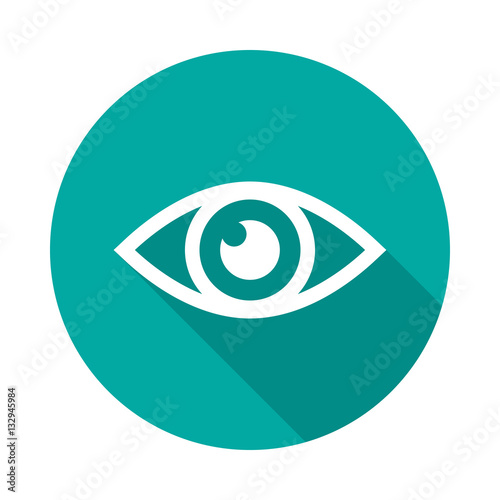 Eye icon with long shadow. Flat design style. Round icon. Eye silhouette. Simple circle icon. Modern flat icon in stylish colors. Web site page and mobile app design vector element.