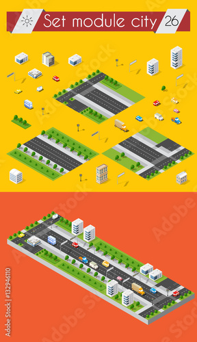 Cityscape design elements with isometric building city map generator. 3D flat icon set. Isolated collection elements for creating your perfect road  park  transport  trees  infrastructure  industrial