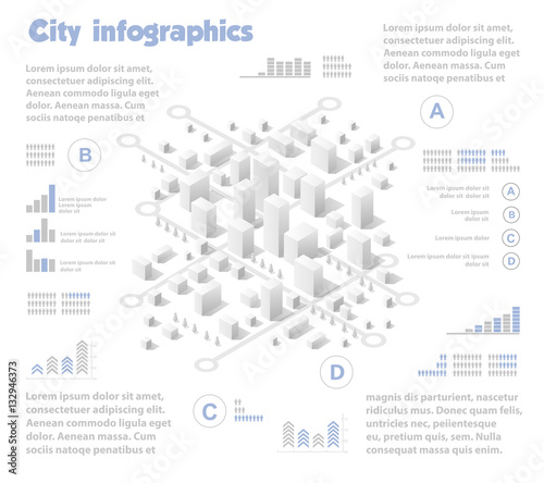 Isometric city map industry infographic set, with transport, architecture, graphic design elements. Urban information concept template with statistical icons, charts, diagrams in flat colors
