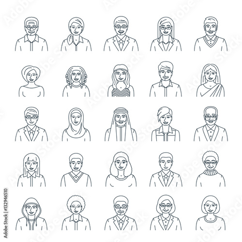 People faces avatars linear vector icons. Flat line portraits of men and women, young and senior. Caucasian, African, Asian, Arab ethnicity. Characters with different lifestyles, hairstyles, clothes