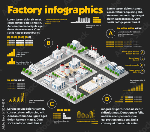 City isometric industrial factory infographics there are diagram, building, road, plant, transportation and works in the area of the town with business conceptual graphs and symbols