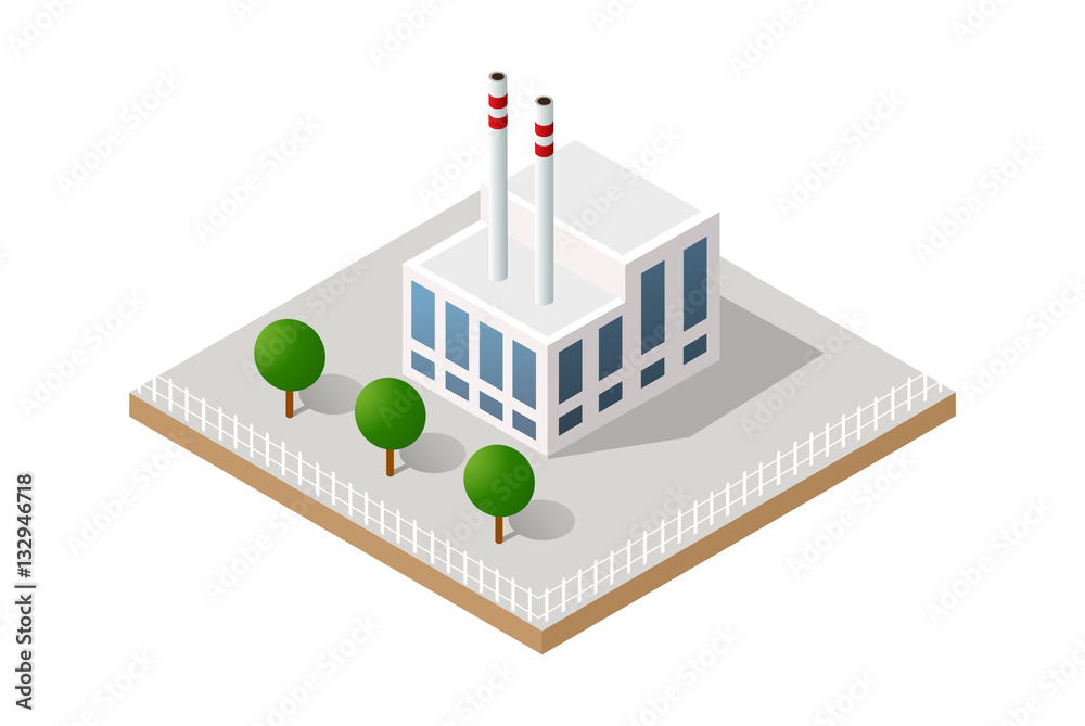 Vector isometric icon of factory infrastructure element industrial landscape and garbage recycling plant with buildings and trees