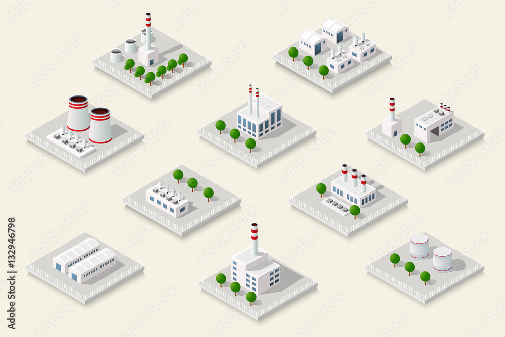 Vector set isometric icon of factory infrastructure element industrial landscape and garbage recycling plant with buildings and trees Vector set isometric icon of factory infrastructure element industrial landscape and garbage recycling plant with buildings and trees
