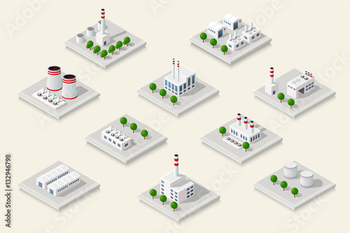 Vector set isometric icon of factory infrastructure element industrial landscape and garbage recycling plant with buildings and trees