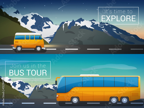 Vector travel banners set. Bus tour to Alps mountains, minibus in the wild, the company travelers