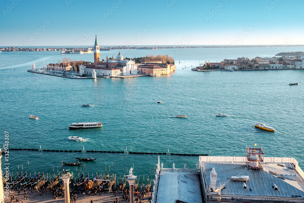 Aerial view in winter from the San Marco Square, Venice, Veneto, Italy. Panoramic view at sunset.