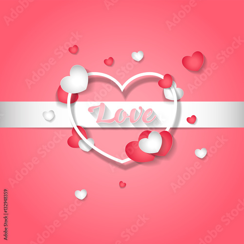 Vector background on the theme of love. White, red hearts, white ribbon and the word 