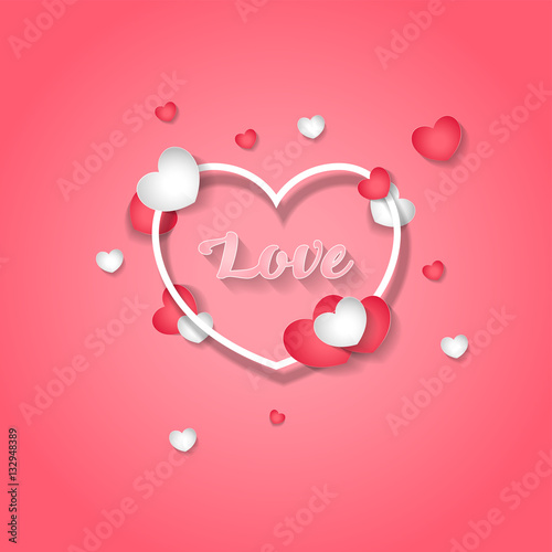 Vector background on the theme of love. White and red hearts and the word 