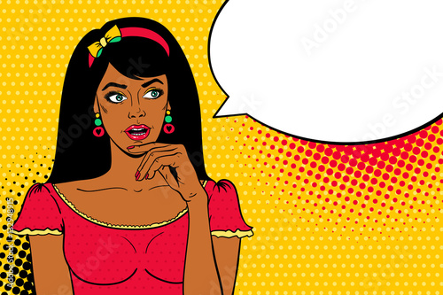 Wow female face. Young sexy surprised dark skinned woman with open mouth looking at empty speech bubble and holding hand near her face. Vector bright background in pop art retro comic style.