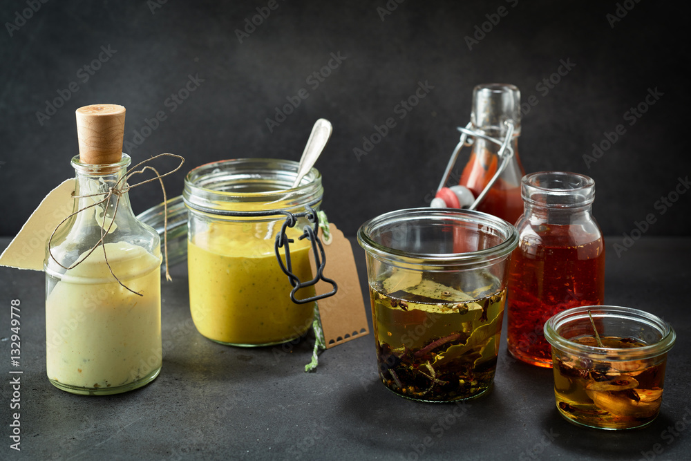 Mayonnaise, mustard, oil, catsup and sweet sauce Mayonnaise, mustard, oil, catsup and sweet sauce