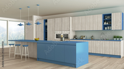 Minimalistic kitchen with wooden and blue details, scandinavian © ArchiVIZ