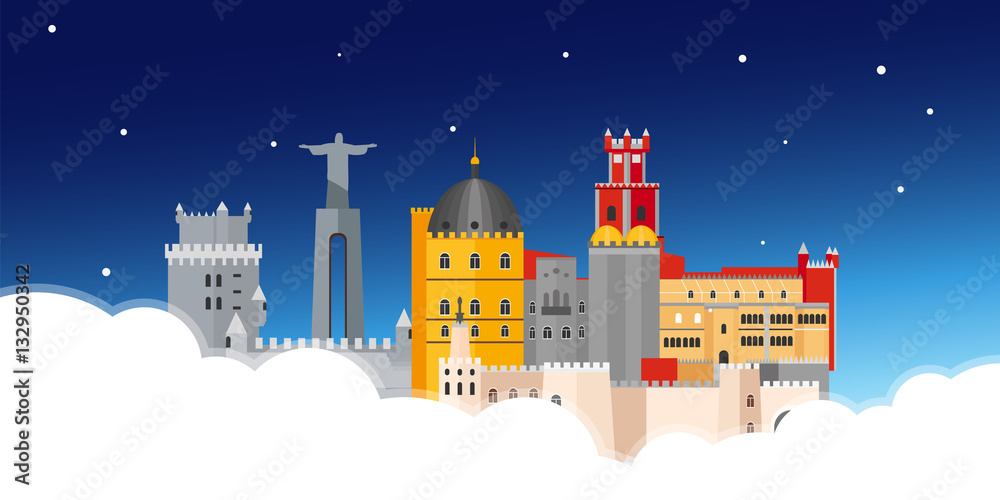 Travel to Portugal skyline. Vector flat illustration.